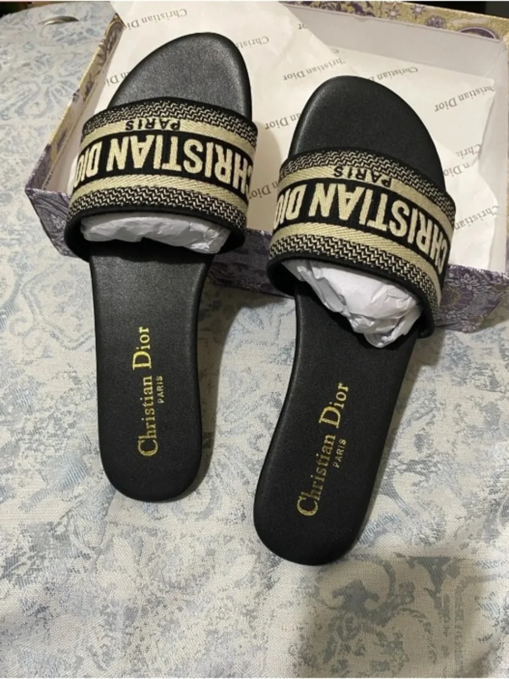Dior Black & Beige Logo Jacquard Slide Mules - Picture 2 of 5